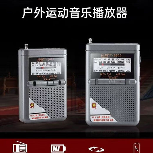 拓响T-6623便携式收音机老式全波段袖珍老人外放迷你半导体播放器 银灰色 升级版（18650电池1节+充电线