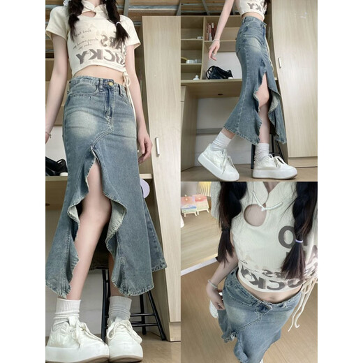 Kang Chuanghuis Sommerhoch Taille Slim Design fühlt wellig geschlitzs unregelmäßiges Jeansrock für Frauen Retro Hip Fish Tail Rock 6189 s [Empfohlen 80-95 Jin [Jin gleich 0,5 kg]]