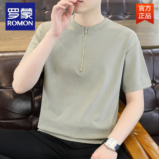 Romon (Romon) High Ice Seide Baumwolle Henry Hals kurzärmeliges Polo-Männerhemd für Männer Sommer koreanischer Stil trendy dünne halbärmelige T-Shirt-Basis 1585 braun l 90-110jin [Jin entspricht 0,5 kg]