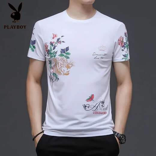 Playboy (PLAYBOY) Chinese style tiger head trendy men's short-sleeved T-shirt fashion printed large-size men's base shirt half-sleeved loose top 829 black letters L 170 [recommended 120-140Jin [Jin equals 0.5 kg]]