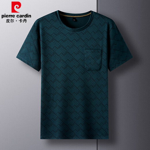 皮尔卡丹（pierre cardin）夏季爸爸短袖t恤薄款男圆领中老年人冰丝中年男士夏装上衣 有口袋 dx-687哈青色 M 165/建议120斤以下