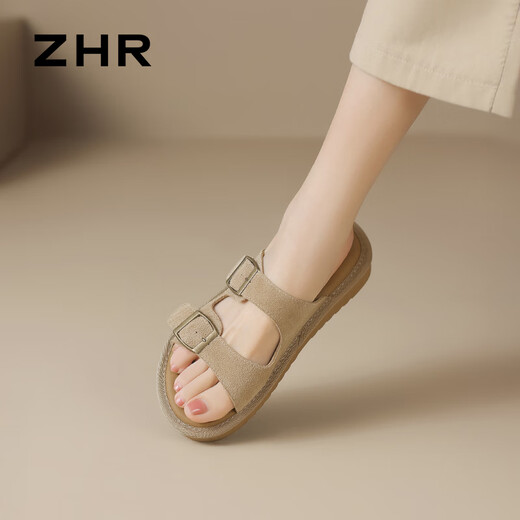 ZHR Birkenstock Zapatillas Sandalias Planas De Suela Blanda De Verano para Mujer Ropa De Abrigo Informal Zapatos De Mujer JF158 Caqui 37