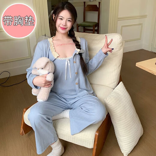 荣西图（RONGXITU）棉睡衣女带胸垫吊带三件套韩版甜美ins风家居服 S681#米白 180 XL