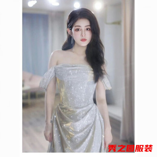 范哲莎银色晚礼服新娘结婚订婚爆闪敬酒服晨袍生日宴会主持人婚纱 灰色爆闪 S