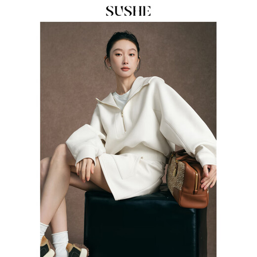 SUSHE Nian Yunshang Sports Tennis Wear Hooded Sweatshirt Elastic Waist Big Pocket A-Line Skirt Suit Jianshui White-Top M
