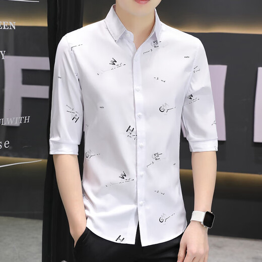 利郎利郎旗下【品牌断码捡漏】七分袖衬衫男冰丝短袖修身流行光滑衬衣 684蓝色 M 80-105斤