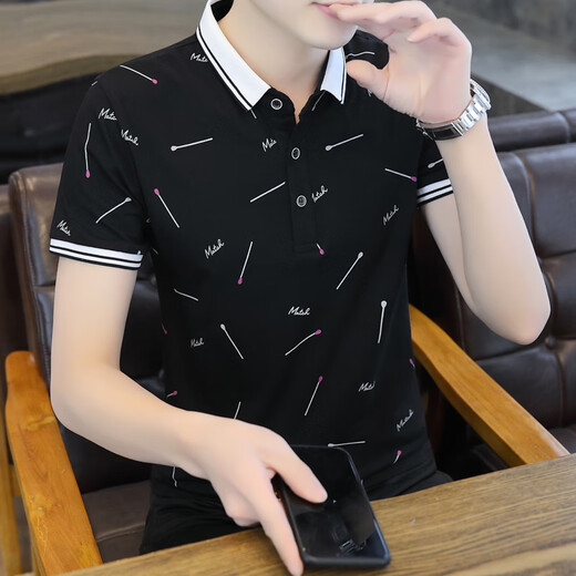 花花公子夏季小翻领短袖T恤有领印花Polo衫男士潮流百搭夏天青年中年衣服 豆绿色 q677 4XL 高品质棉