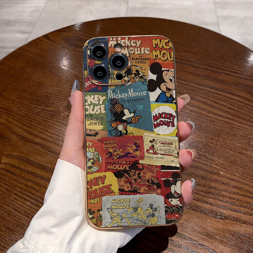 怡潮适用苹果15promax手机壳iphone16/11/12/13/14软壳复古搞怪海报电镀金边皮质高档全包创意防摔套 气质金边【卡通惊讶英文米奇3883】 iPhone 12