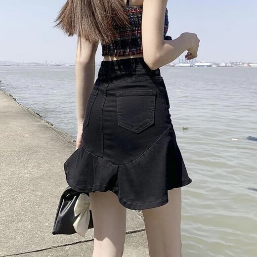 姿伟祺鱼尾裙半身裙女夏季2025新款仿牛仔高腰字休闲短裙 黑色967裙子 S 建议80-94斤