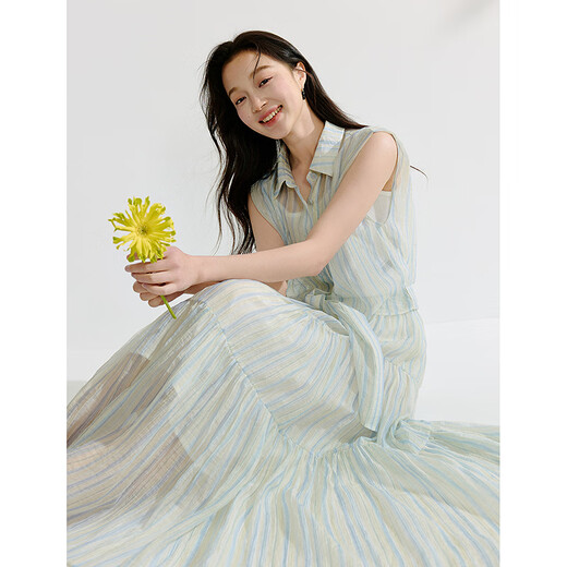 INMAN Lyocell resort style sleeveless shirt suit 2025 summer women's new elastic waist loose skirt yellow and blue strip S