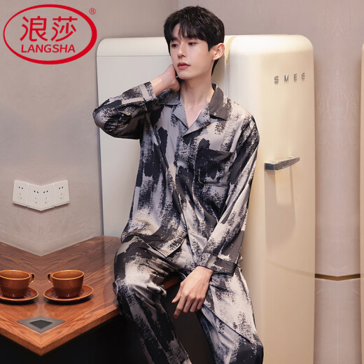 Langsha (Langsha) Light Luxury Men's Pajamas Spring y Autumn Silk Silk Slewer Long Sailers se adapta a la ropa de verano de los hombres, la ropa de la casa del arroz gris L (100-125 Jin [Jin iguala 0.5 kg])