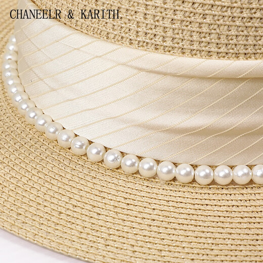 CHANEELR / KARITH top hat sunscreen straw hat women summer flat top versatile elegant pearl straw hat birthday niche gift for girlfriend wife beige
