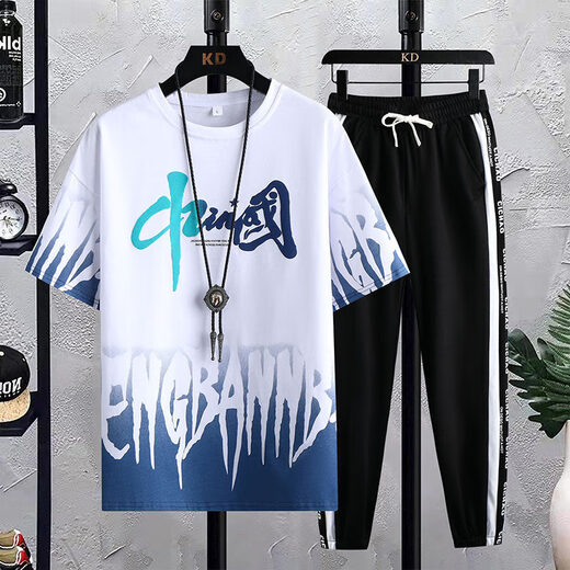 Boledi Boys 'Boys' Summer Camiseta de manga corta de manga corta de 12-15 años Cotton de algodón de algodón de algodón 14 de la escuela secundaria Moda de estudiantes de secundaria 683 White (de manga corta + pantalones) Alta calidad 175 (2XL) recomendó 140-160Jin [Jin equivale a 0.5 kg]
