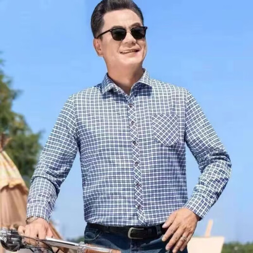 罗蒙棉中老年男士格子长袖衬衫免烫抗皱休闲衬衣商务爸爸装 H684【长袖】 M 建议100-115斤