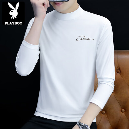 花花公子（PLAYBOY）春秋季半高领打底衫男士修身内搭长袖T恤中领秋衣外穿百搭新品 白色C6187中领 XL 130-145斤