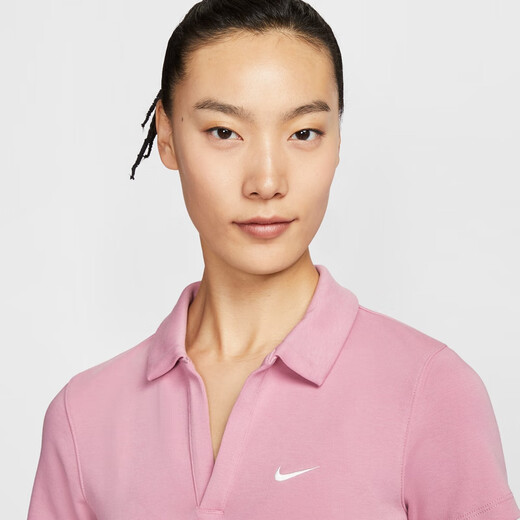 Nike (NIKE) women's short-sleeved lapel top autumn slim knitted embroidery soft comfortable simple DV7885 699 element pink/sail white S