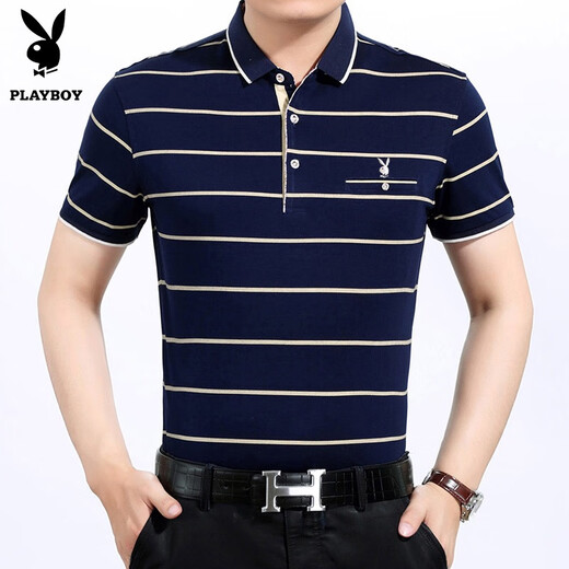 Playboy brand pure cotton middle-aged short-sleeved T-shirt for men's real pocket daddy's lapel POLO shirt men's t-shirt loose shirt 216 gray [short] L 17084A Recommended 120-140Jin [Jin equals 0.5 kg]