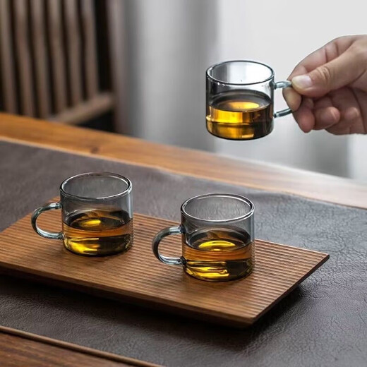 Ash glass tea cup, light luxury color cup, tea bowl, thickened Kung Fu tea set, bamboo cup holder for tea tasting, 100ml ash tea cup with cup holder, 6 pieces