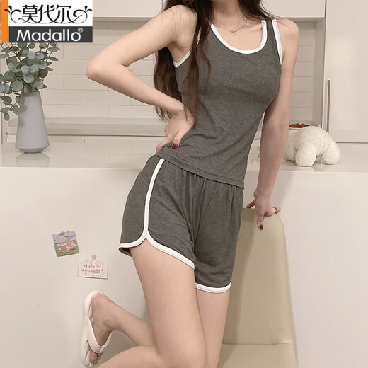莫代尔夏季睡衣女夏款吊带莫代尔2025年新款性感黑色运动背心带胸垫套装 12035 深灰  带胸垫一体 M 推荐80-100 斤穿