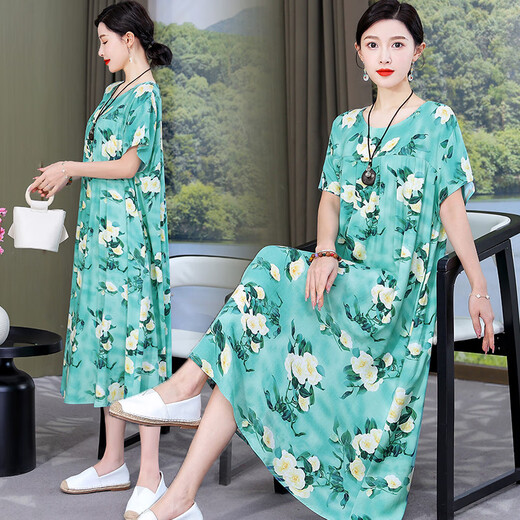 皮尔卡丹新款中年洋气妈m棉绸连衣裙女夏季大摆人造棉长裙子婆婆夏装50岁 736# 5XL 建议210-240斤