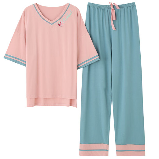 浪莎睡衣女款夏季2025新款纯棉薄款宽松家居服短袖长裤休闲可外穿套装 可安7371 XL 【建议120-140斤】