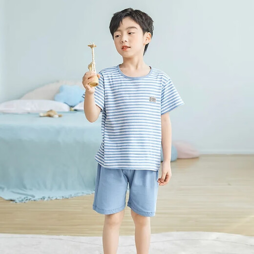 Disney Summer New Striped Kurzärmelig-Pyjama-Pyjamas dünne mittelgroße Kinderklimaanzug Summer Kinderheimkleidung Männer 826 Kurzärärmelte Fünf-Punkte-Hose grau gestreifte Kennzeichnung Drucken 120