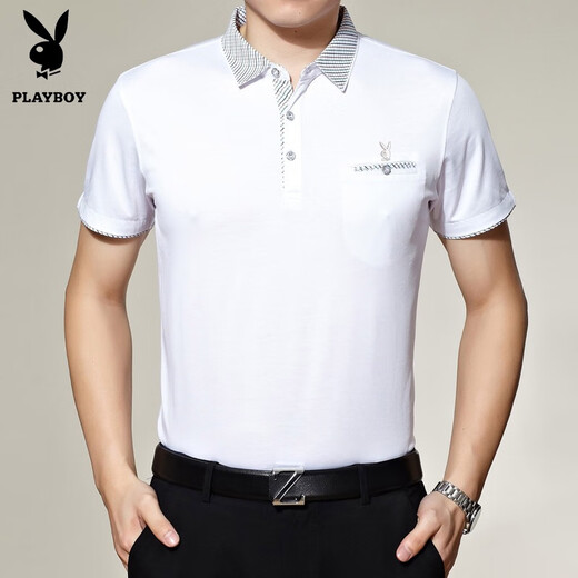 Playboy brand pure cotton middle-aged short-sleeved T-shirt for men's real pocket daddy's lapel POLO shirt men's t-shirt loose shirt 216 gray [short] L 17084A Recommended 120-140Jin [Jin equals 0.5 kg]