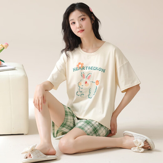娇彩梦带胸垫睡衣女夏季100%纯棉短袖卡通少女学生青少年家居服套装 QM1343（带胸垫） 全棉 L 女士 (建议95-115斤)