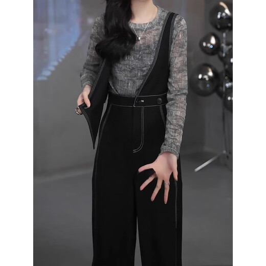 T 天启世纪复古高级酷飒风背带裤女2025春设计感收腰显瘦高腰 A6913#黑色背带裤 S 【建议 80-95斤】