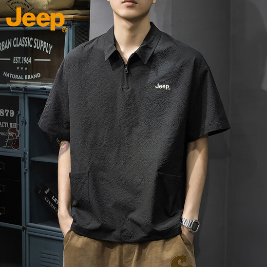吉普（JEEP）短袖T恤男士凉感polo衫男潮牌宽松半拉链速干上衣服男装 黑色 2XL