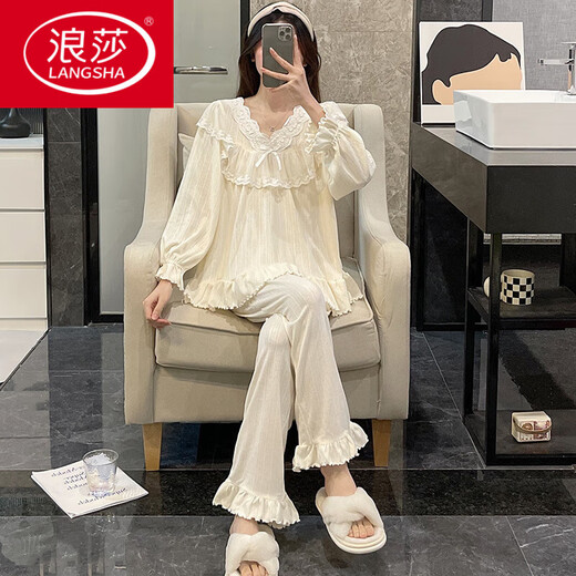 LangSha lace long-sleeved pajamas for women's new spring and autumn pure cotton sweet princess style student casual home clothing set KYX-9904# gray blue (double length) M