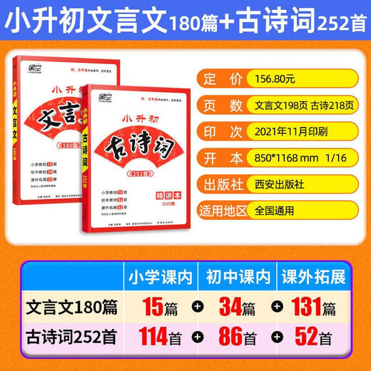 
1591 people praised the new 2022 Starry Sky Primary School to Junior High School Ancient Poems 252 Classical Chinese 180 essays applicable to grades 4-6. 22 edition 180 classical Chinese with answers