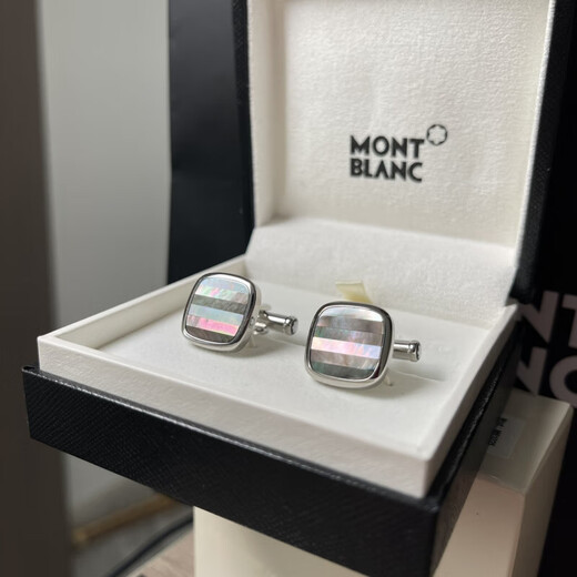 万宝龙（MONTBLANC）盖章灰色母贝精钢男士袖扣饰品官方正品 灰色方形母贝新包装