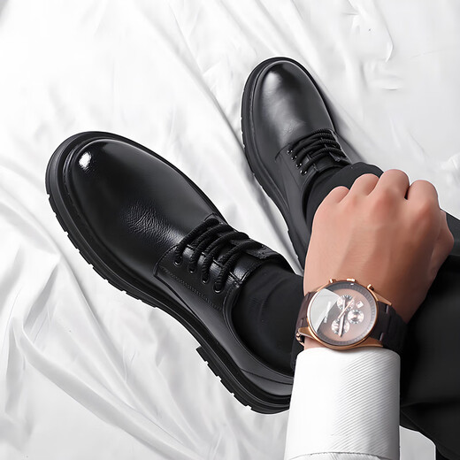 Telexi Young Men's Round Toe Large Size Genuine Leather Breathable Soft Leather Thick Sole Broad Toe Formal Business Casual British Black Leather Shoes Black Please take one size larger for wider feet 46 (280mm) = Sports Shoes 47