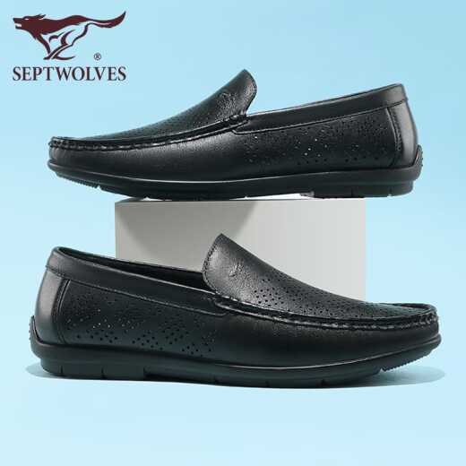 Siete lobo zapatos para hombres de verano zapatos de cuero de verano zapatos de cuero genuino para hombres, viajes de cuero casual zapatos de cuero casual, hojas de vaca transpirables negras 9926 39