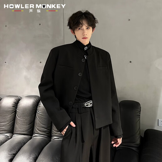 Sound Monkey Black Short Shoulder Pad Suit Jacket Autumn and Winter Large Size Fat Man Senior Suit Men's Loose Casual Stand Collar Jacket Men Black Suit + Black Long T + Pants Three-piece Set XL (115-130Jin Jin is equal to 0.5kg)