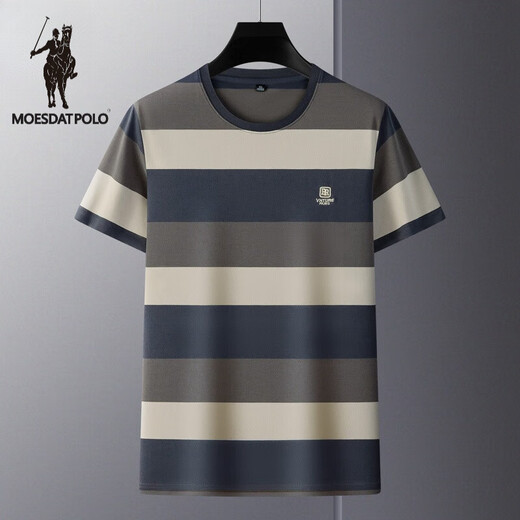 Larren Paul Knight Men's Round Neck T-shirt Short Sleeve Stripe Color Block Summer High-end Top Business Casual Loose Large Size Trendy Brand a 6197-Denim Blue M 48