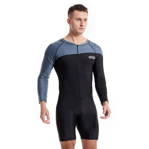 Zailu official direct-selling one-piece swimsuit for men, quick-drying suit for hot springs, full set of youth swimming pool equipment, black and gray + swimming cap + swimming goggles + earplugs and nose clip L L90-110Jin Jin is equal to 0.5 kg