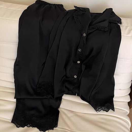 HUALIN FASHION冰雪丝睡衣女款长袖黑色蕾丝家居服套装感春夏两季 1365 纯色开衫 170 M