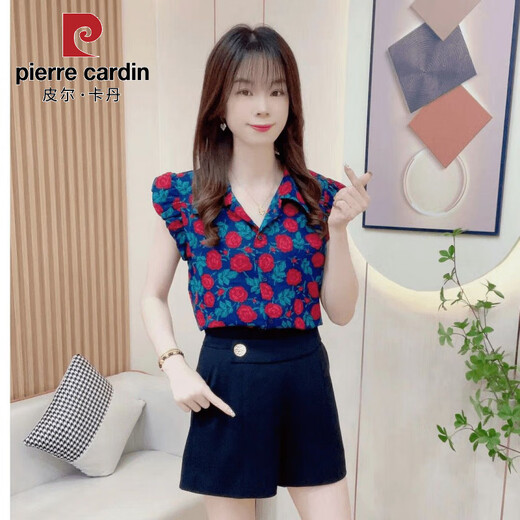 
Piercardan European and American retro shirt for women 2025 summer new fashion rose print ruffle sleeve design top blue print M