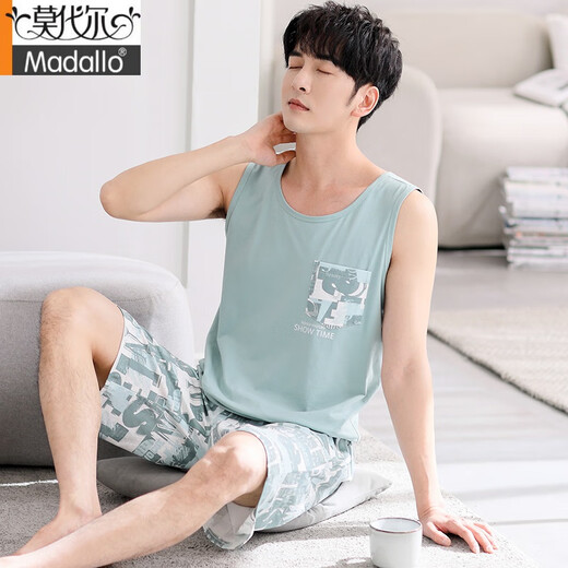Modal pajamas men's summer thin vest sleeveless shorts home clothes summer simple casual men's outfit M1047 gray blue M [Suggested 100-120 Jin [Jin equals 0.5 kg]]