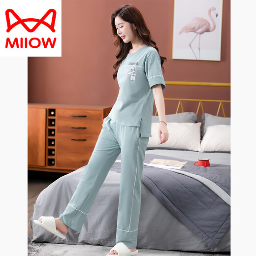 猫人（MiiOW）睡衣女夏季纯棉2025年新款短袖长裤家居服套装可外穿薄款全棉套装 7374豆绿 M 80-100斤