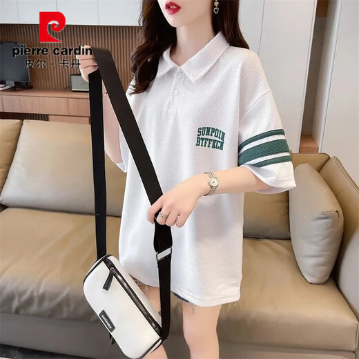 皮尔卡丹夏季新款短袖T恤女POLO领宽松半袖绣花中长款华夫格百搭休闲衣潮 yg-9926灰色 M 【80-110斤】