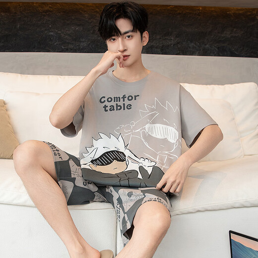 Jóvenes palabras de amor Pajamas Hombres de verano Algodón corto puro pantalones cortos de manga corta Cartoon estudiante de algodón completo de algodón delgada de verano Conjunto de ropa WB1504 XL 130-155Jin [Jin iguala 0.5 kg]
