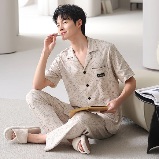 Jiao Herren-Pyjamas Sommer Baumwoll-Revers-Strickjacken dünne High-End-Freizeit-Männer locker und kann zu Hauskleidung tragen 01n9859 Männer 2xl
