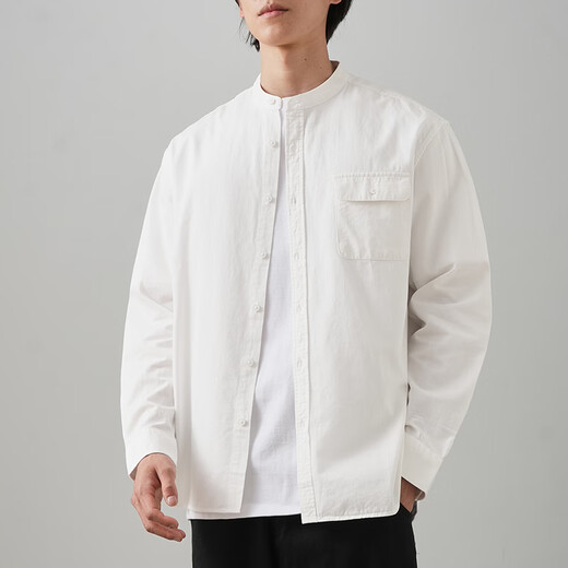 Duken heavy cotton stand-up collar shirt men's long-sleeved spring and autumn solid color high-end workwear Henry collar round neck shirt jacket white heavy cotton/stand-up collar design M (suitable for 90-110 Jin Jin equal to 0.5 kg)