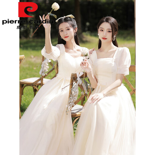 Pier Cardin Bridesmaid Suit Champagne Couleur Le nouveau style peut être porté Niche Long Slim Long Long Manched Robe pour femmes. Couleur de champagne moyen / manches moyen / long collier de petit carré de style B cette année 2xl