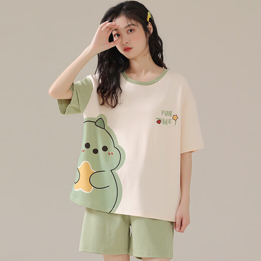 Jingpufei versión coreana suelta de pijamas de manguito corto MM MM Summer Outter Wear Traje de ropa para el hogar 2025 679 Dinosaurio verde 170 m Código [Recomendado 80-90Jin [Jin iguala 0.5 kg]]]