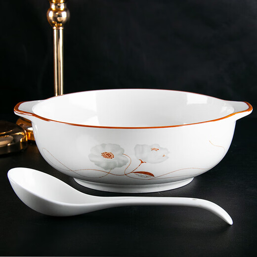 New style ceramic double-eared bowl, large household anti-scalding underglaze color boiled fish dish basin, good-looking soup bowl with white spoon, Camellia 2-piece set, 10.5-inch double-eared bowl, 1 pack + 1 soup spoon