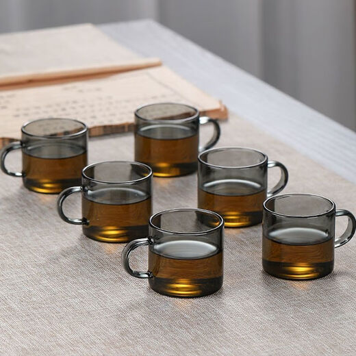 Ash glass tea cup, light luxury color cup, tea bowl, thickened Kung Fu tea set, bamboo cup holder for tea tasting, 100ml ash tea cup with cup holder, 6 pieces